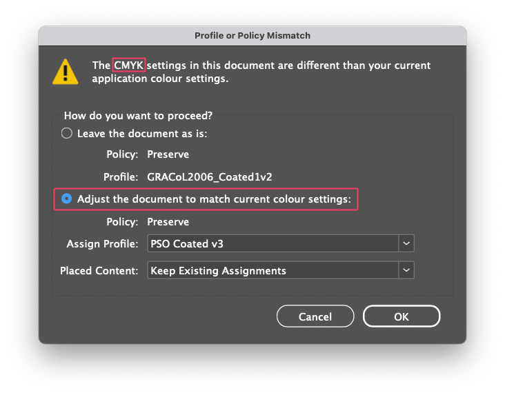 Fargeinnstillinger policy mismatch CMYK