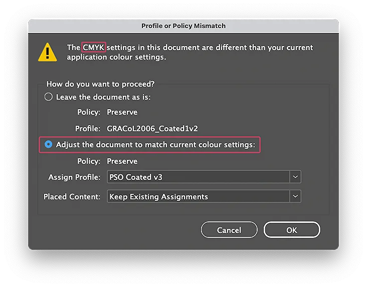 Fargeinnstillinger policy mismatch CMYK