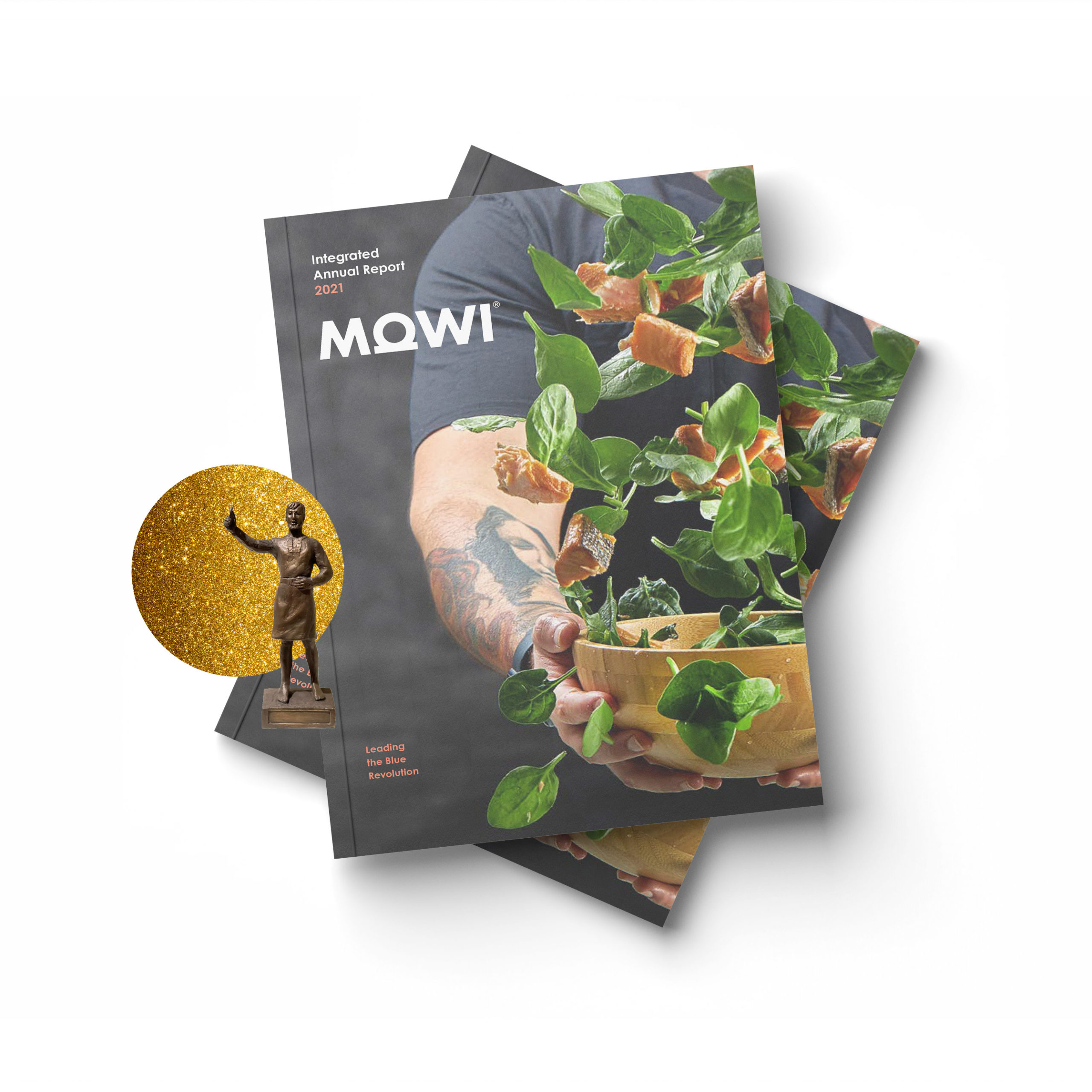 Mockup av årsrapport for Mowi, gullvinner av Farmandprisen